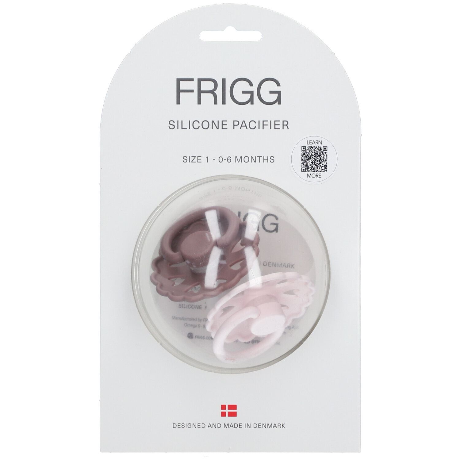 FRIGG sucette en silicone, 2 pièces, emballage. Sucettes roses et marron avec bord en forme de fleur. Taille 1-6 mois.