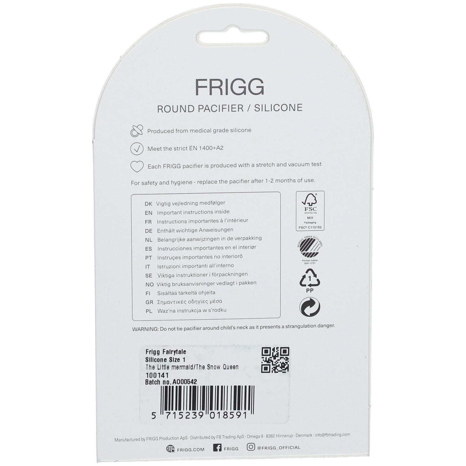 Dos de l'emballage FRIGG. Texte: Sucette ronde/silicone. Informations sur le matériau, la sécurité et l'utilisation. Code-barres et QR code.