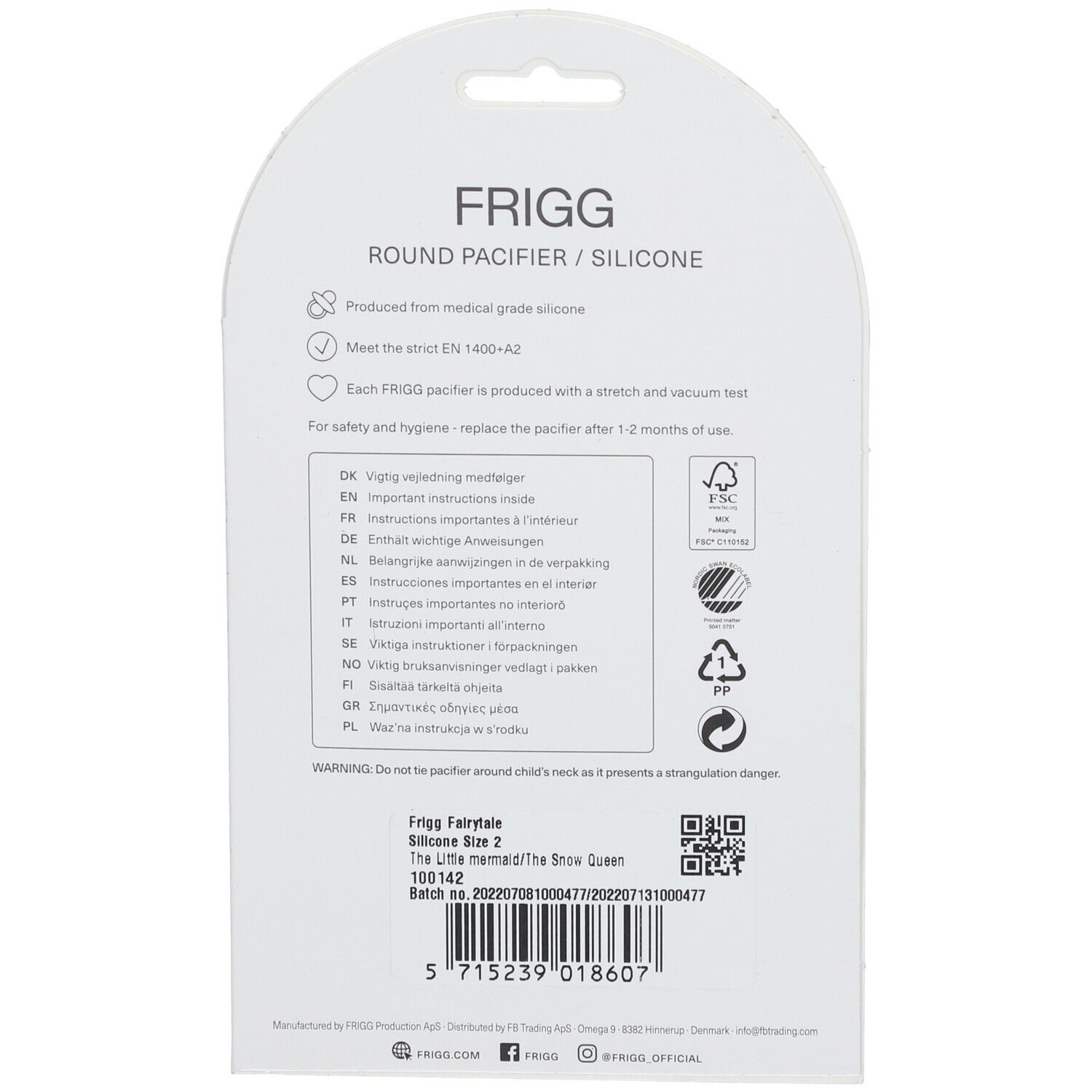 Dos de l'emballage FRIGG. Sucettes rondes en silicone. Informations sur les matériaux et la sécurité. Certification FSC.