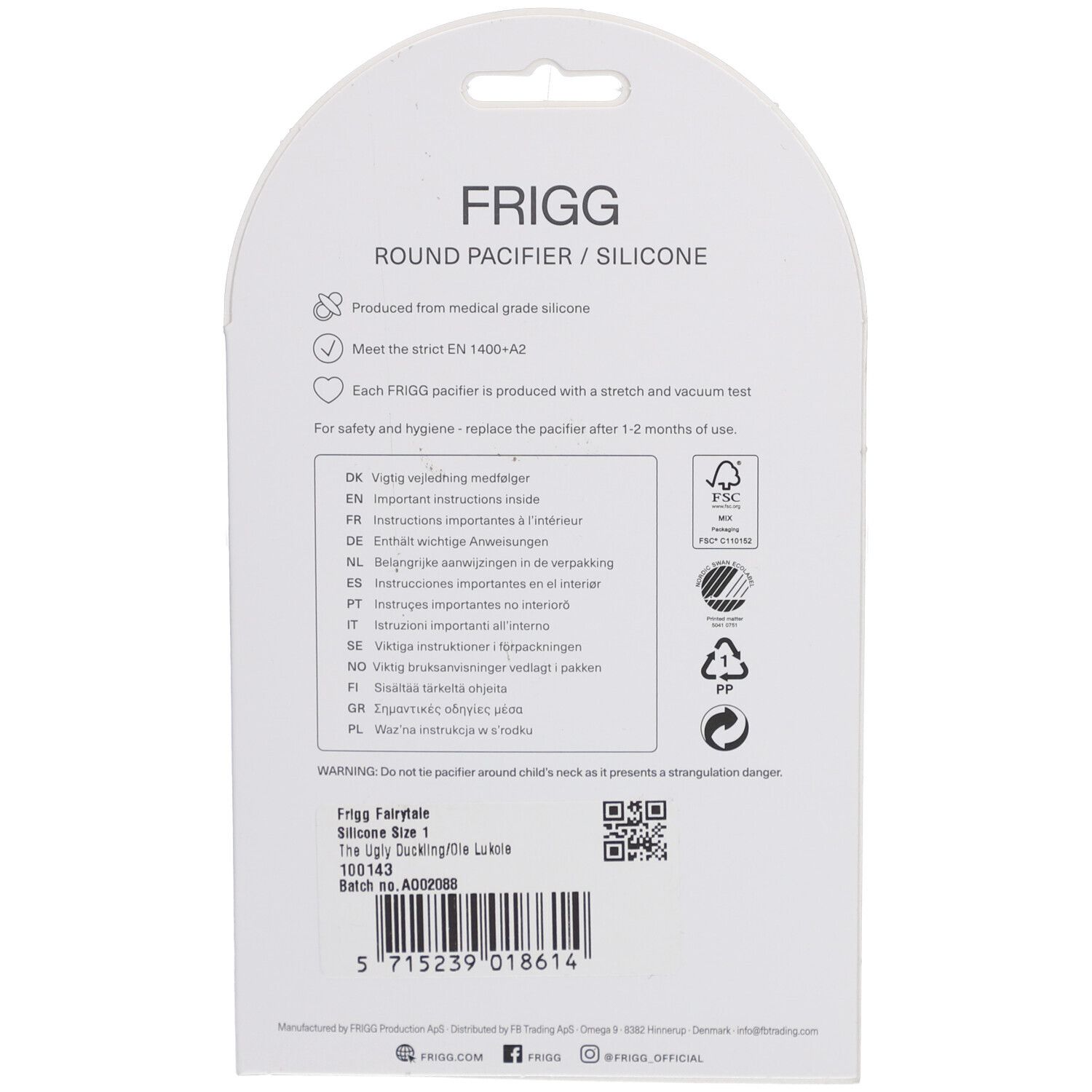 Dos de l'emballage. Texte: FRIGG, sucette ronde/silicone. Informations de sécurité et de matériau.