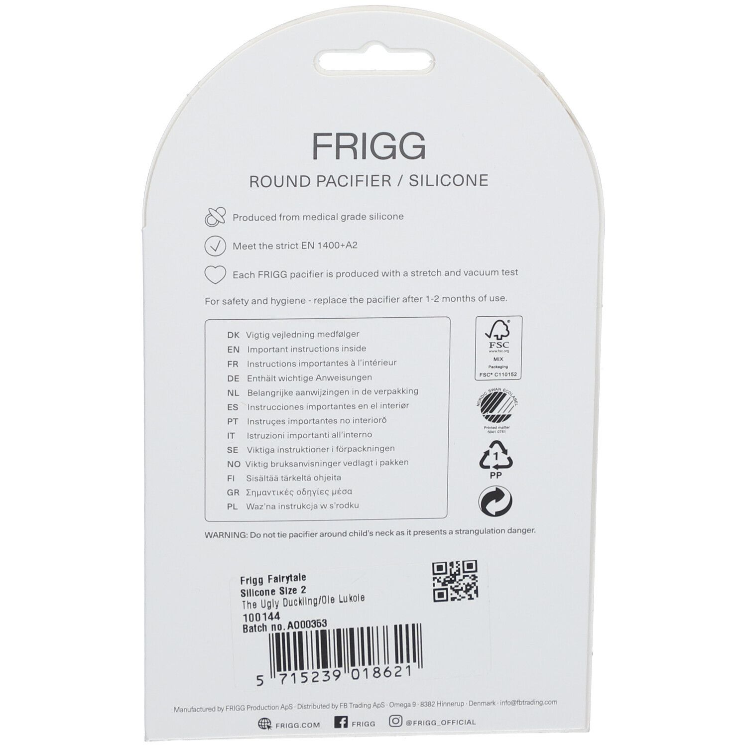 Dos de l'emballage avec texte : FRIGG, sucette ronde/silicone. Contient des informations sur les matériaux et les consignes de sécurité.