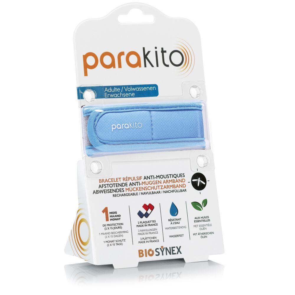 Bracelet ParaKito en emballage, en biais. Bracelet bleu, texte: Bracelet anti-moustiques, rechargeable. Avec 2 plaquettes, résistant à l'eau, huiles essentielles.