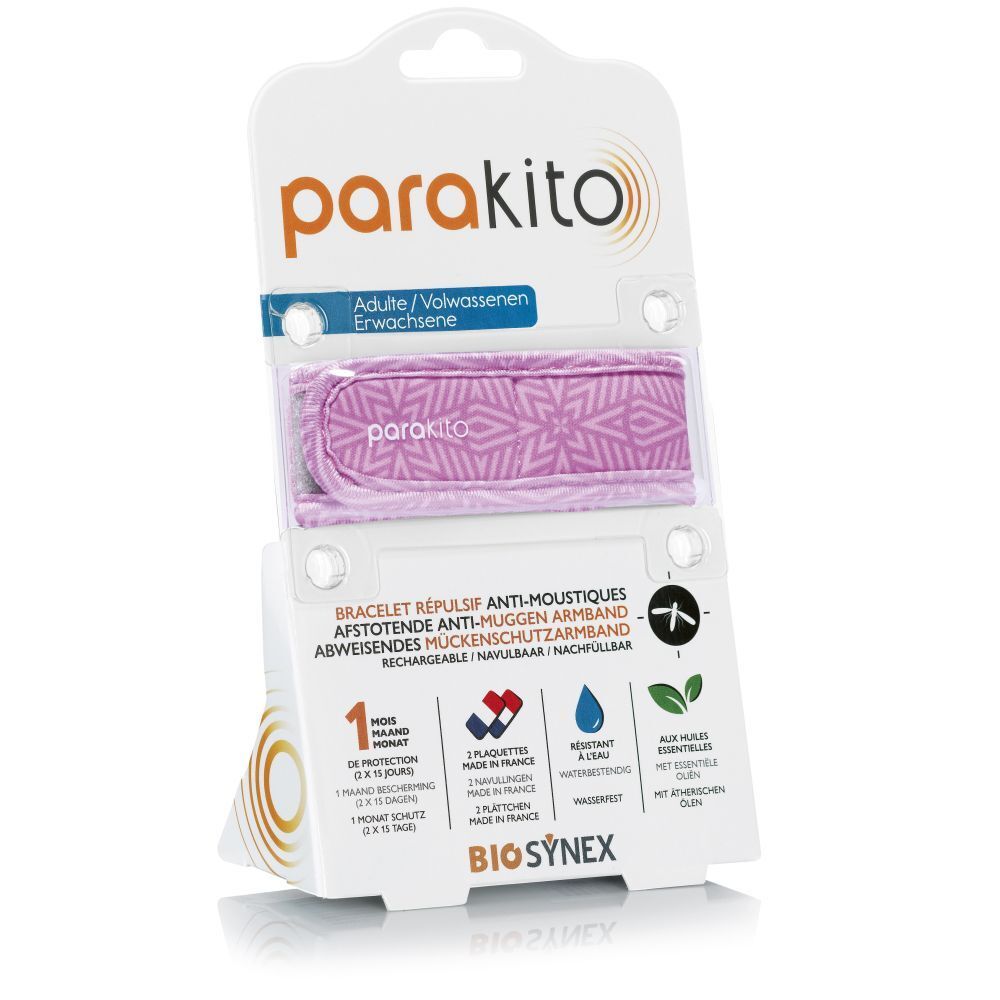 Bracelet ParaKito lilas avec motif, emballé. Packaging avec informations produit et logo.