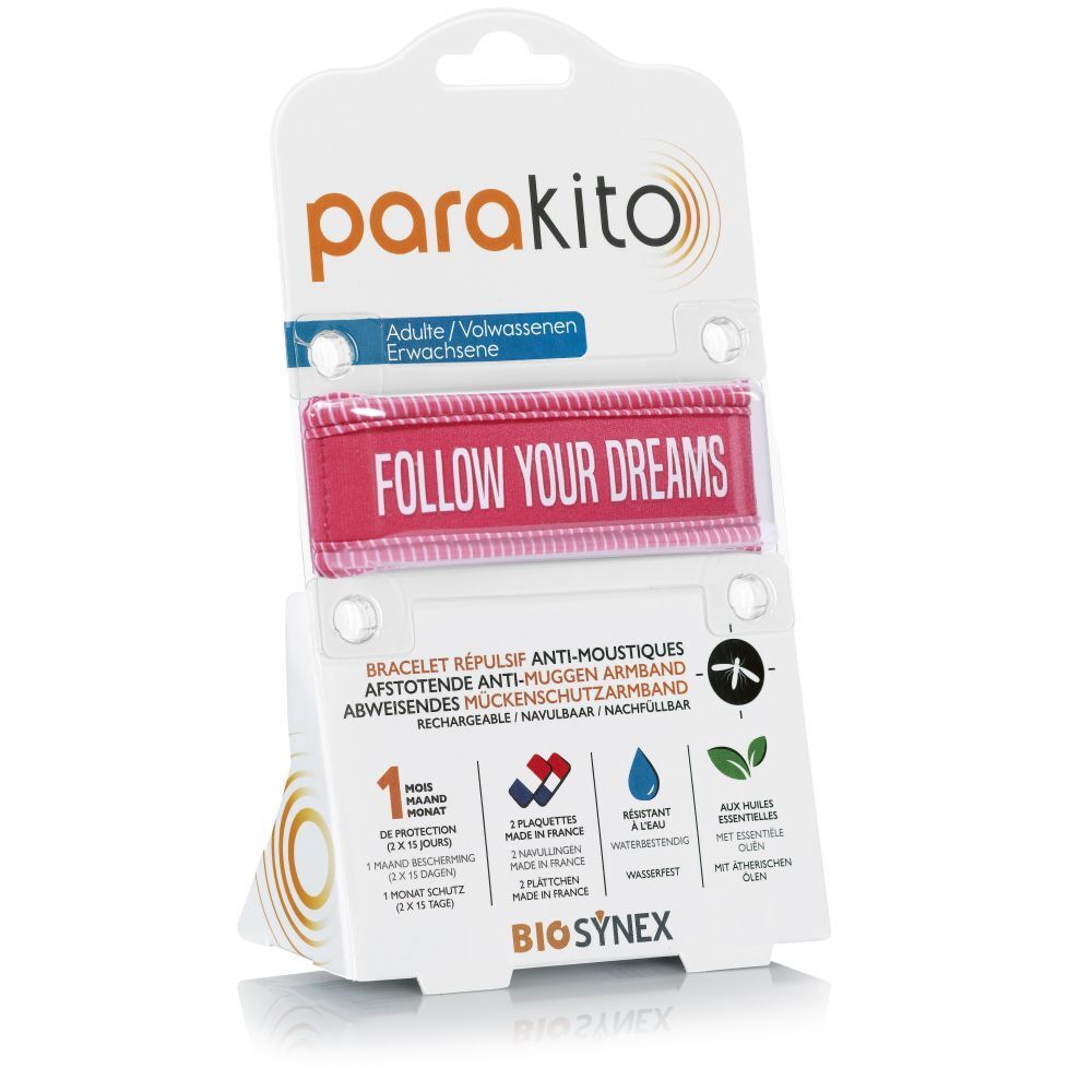 Bracelet ParaKito en emballage. Bracelet rouge avec l'inscription "FOLLOW YOUR DREAMS".