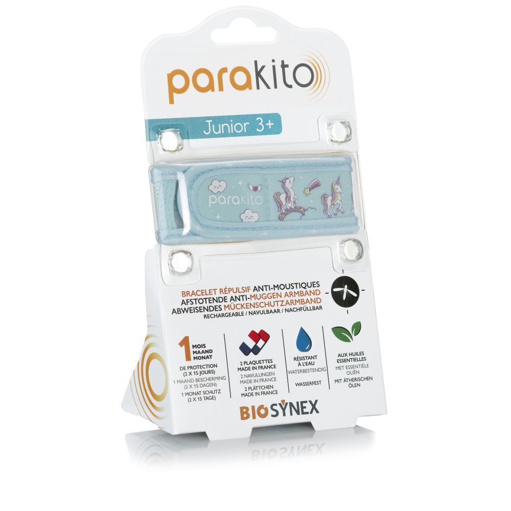 Bracelet bleu clair avec motif licorne, en emballage. Texte : ParaKito Junior 3+. Bracelet anti-moustiques. Rechargeable.