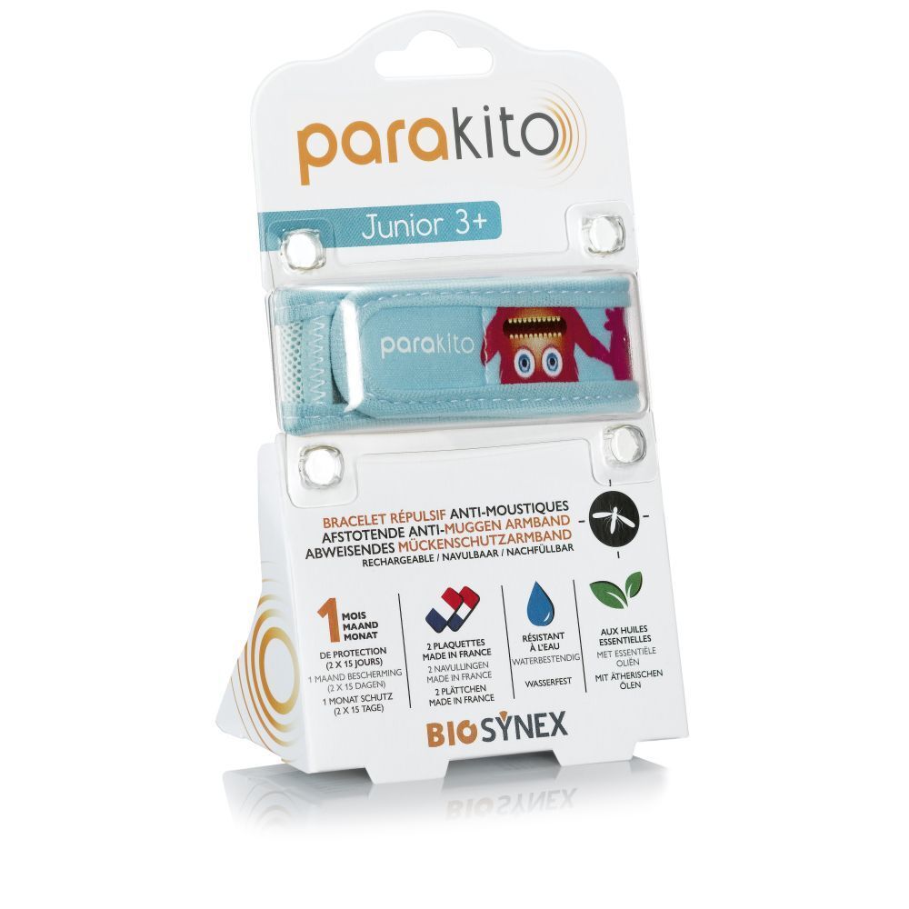 Bracelet ParaKito Junior 3+ Monsters en emballage. Bracelet bleu clair avec motif monstre. Texte: Anti-moustiques, Junior 3+.