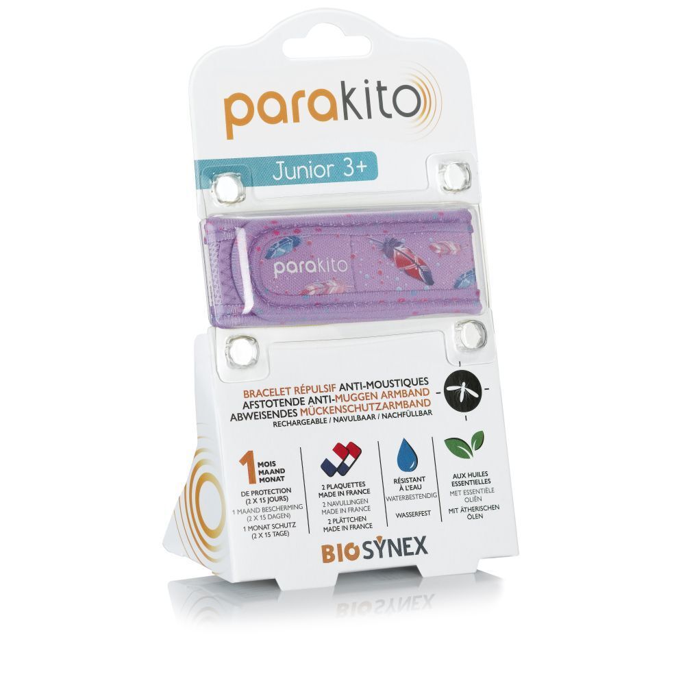 Bracelet dans son emballage. Nom et logo du produit visibles. Texte: Anti-moustique, Junior 3+.