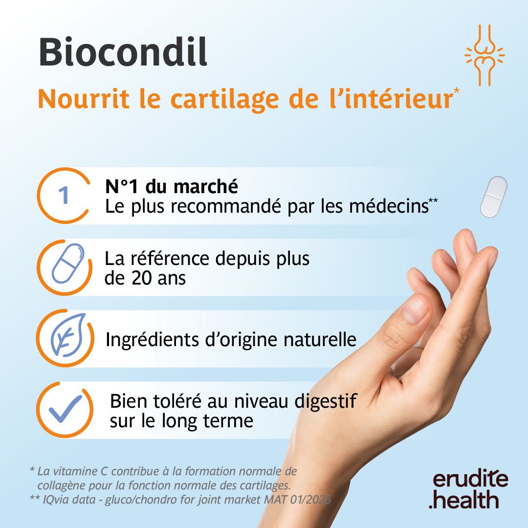 Boîte Biocondil de 90 sachets, avec représentation de cartilage et de vitamine C.