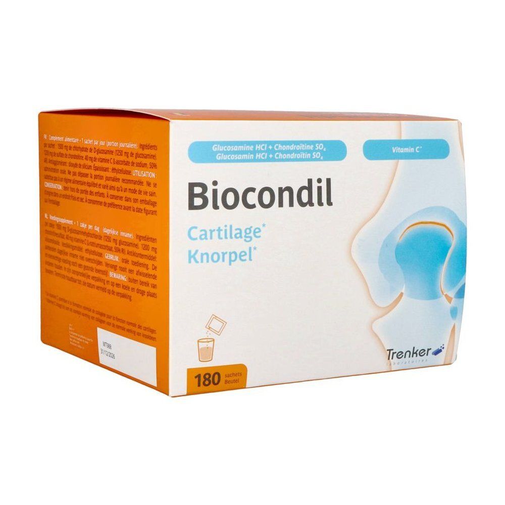 Dos de la boîte Biocondil. Texte en allemand et anglais. Contient 180 sachets. Marque : Trenker.