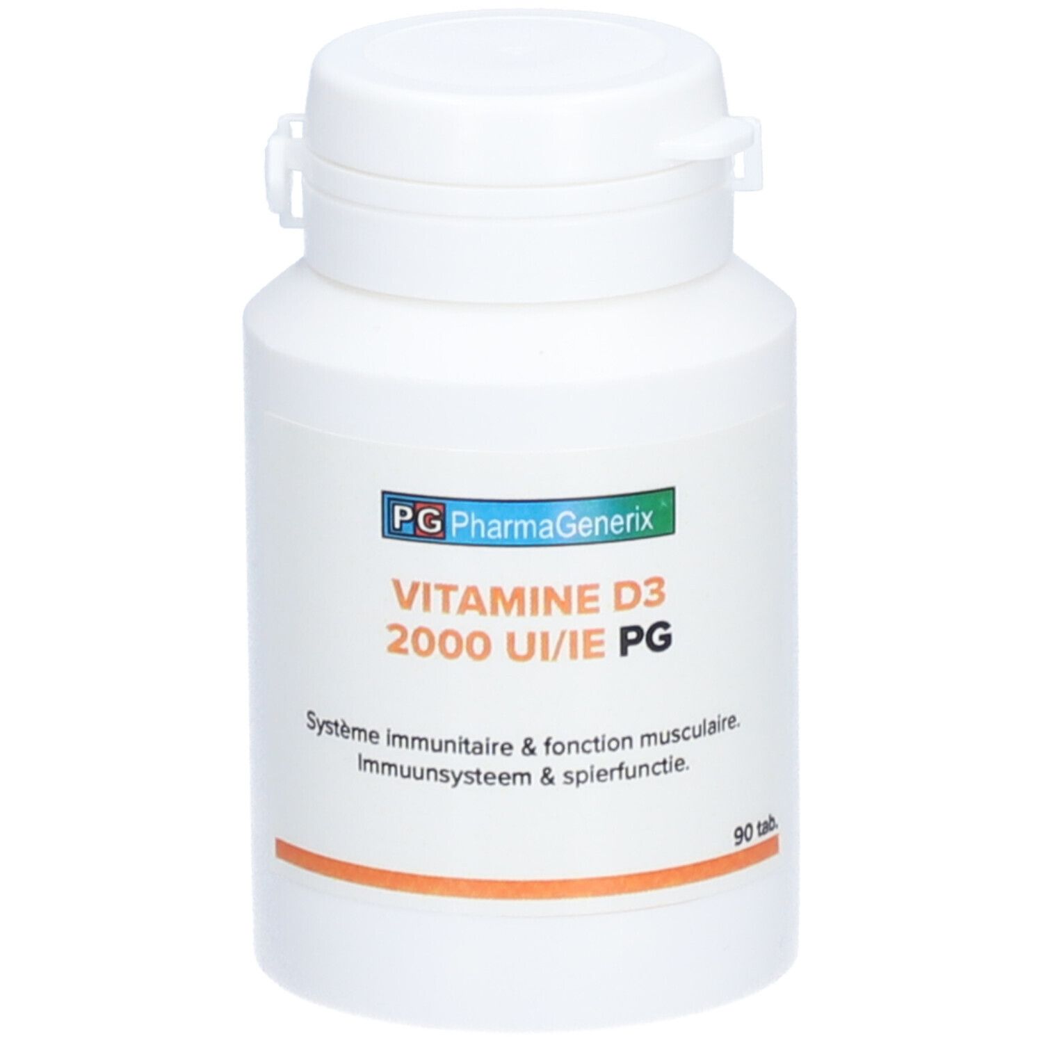 Flacon blanc de vitamine D3. Inscription: PG PharmaGenerix, 2000 UI/IE PG, 90 comprimés. Bande orange.