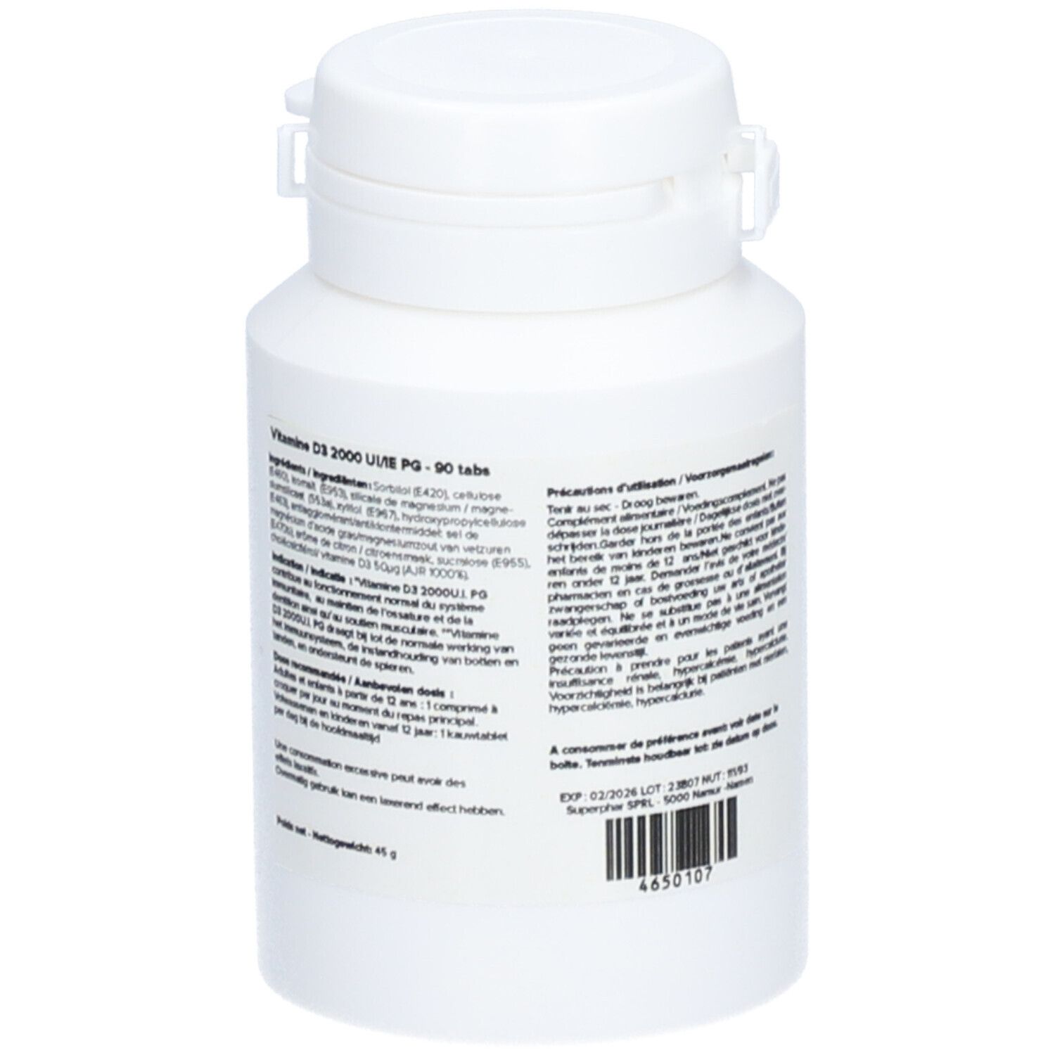 Flacon blanc de vitamine D3. Dos avec texte et code-barres. Bande orange.