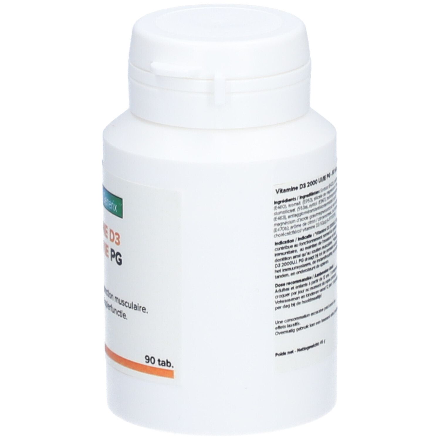 Flacon blanc de vitamine D3. Dos avec texte. Bande orange en bas.