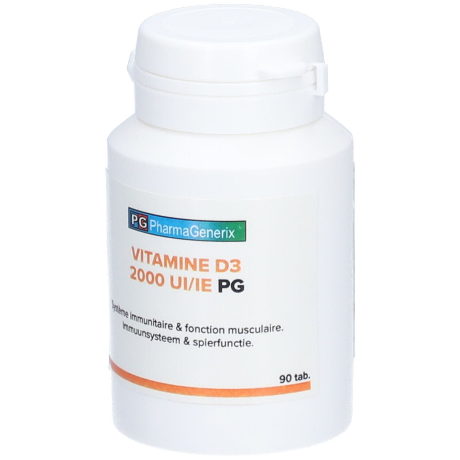 Flacon blanc de vitamine D3. Inscription: PG PharmaGenerix, 2000 UI/IE PG, 90 comprimés. Bande orange.