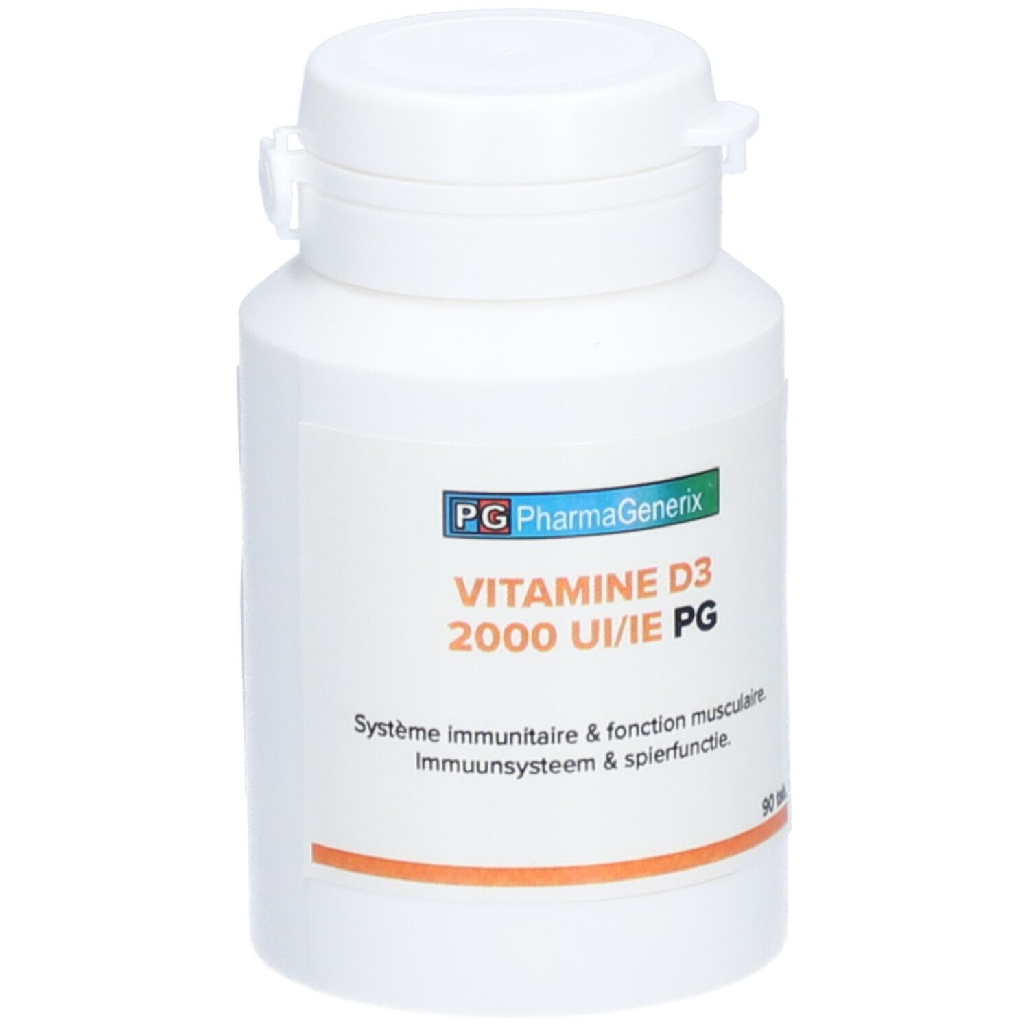 Flacon blanc de vitamine D3. Inscription: PG PharmaGenerix, 2000 UI/IE PG, 90 comprimés. Bande orange.