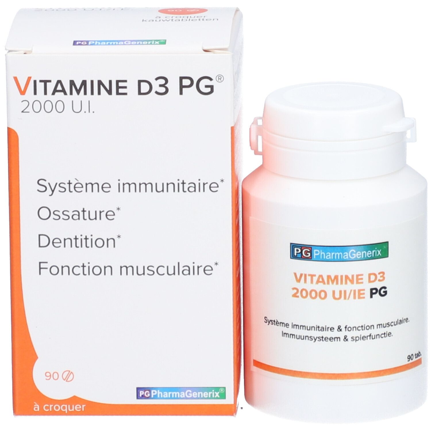 Flacon et boîte de vitamine D3. Inscription: PG PharmaGenerix, 2000 U.I., 90 comprimés. Blanc et orange.