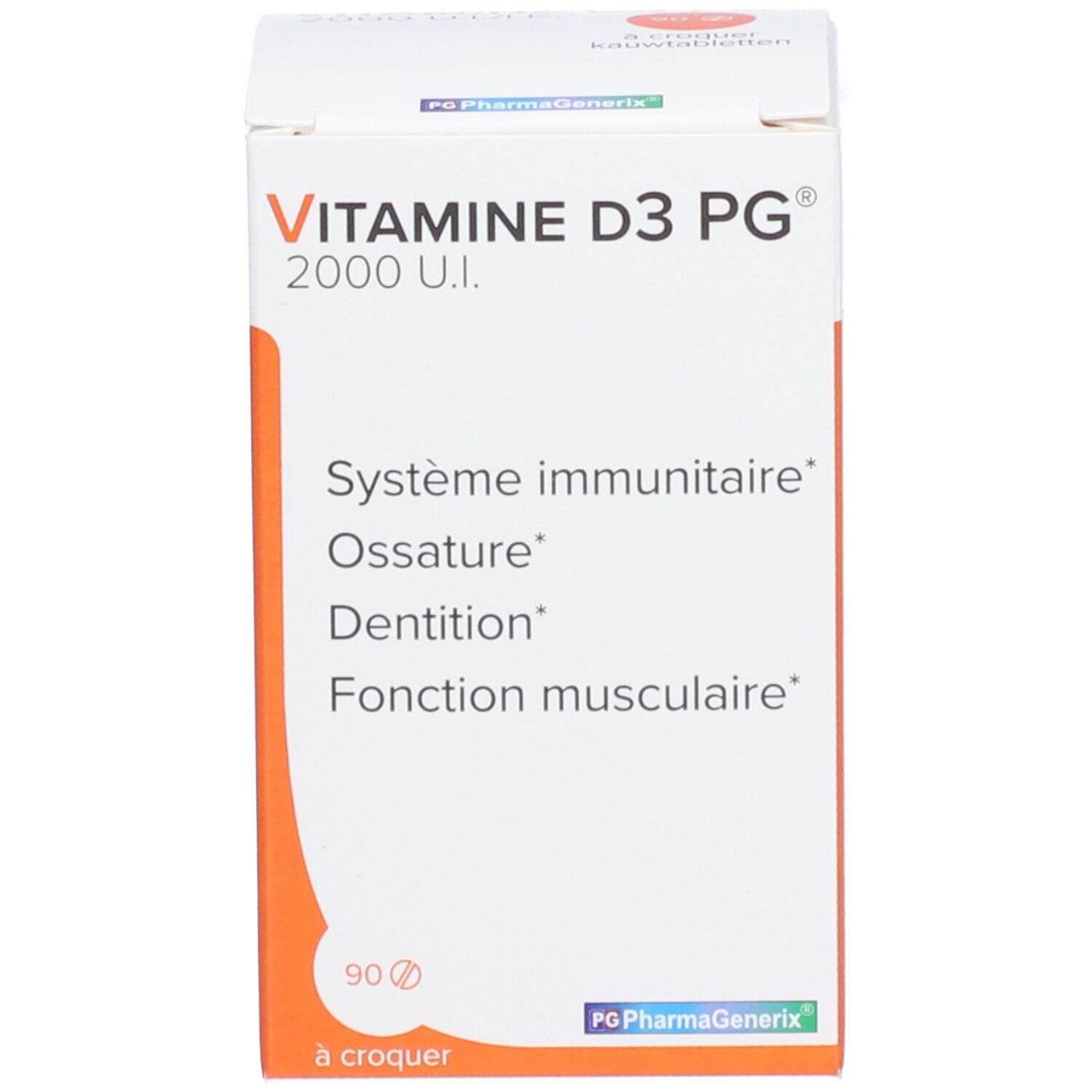Boîte blanche de vitamine D3. Inscription: PG PharmaGenerix, 2000 U.I., 90 comprimés. Blanc et orange.