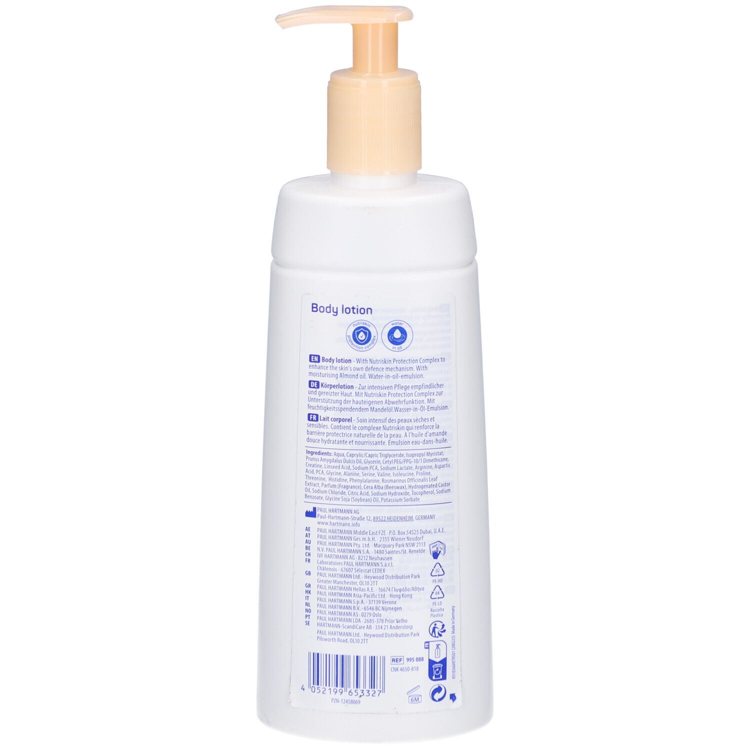 Dos du flacon blanc avec pompe doseuse. Texte et symboles sur l'étiquette. Informations sur l'utilisation et les ingrédients.