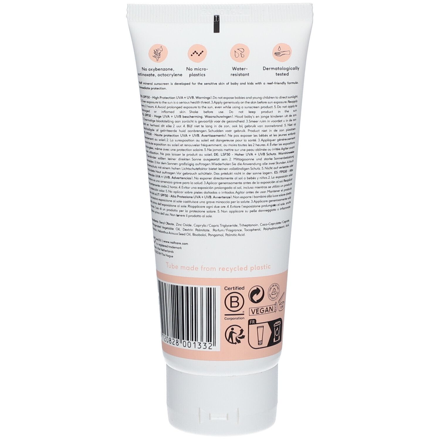 Dos du tube. Texte, code-barres, label Vegan, certification B Corp. Fabriqué en plastique recyclé.