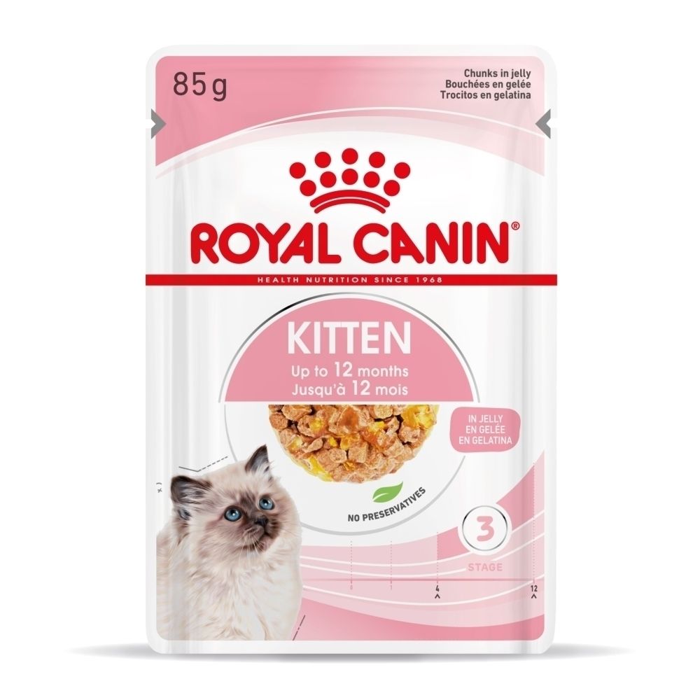 Sachet Royal Canin Kitten, 85g, avec bouchées en gelée.