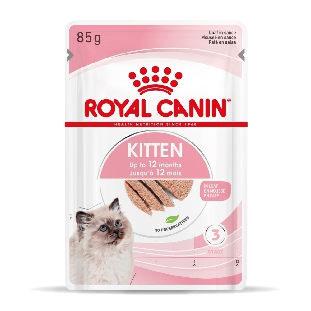 Sachet Royal Canin Kitten Mousse en sauce, 85g. Avec image de chaton et texte.