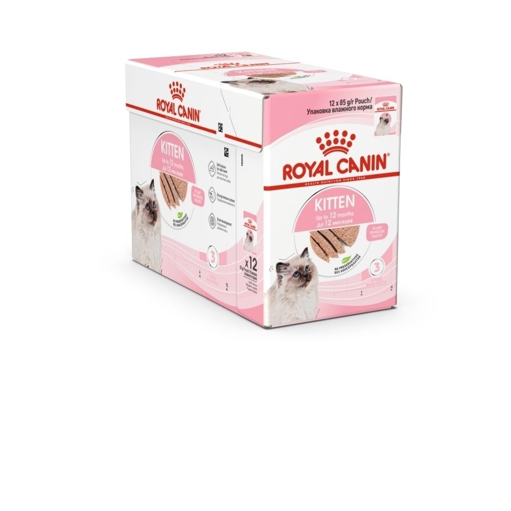 Sachet Royal Canin Kitten Mousse en sauce, 85g. Avec texte sur la texture et les ingrédients.