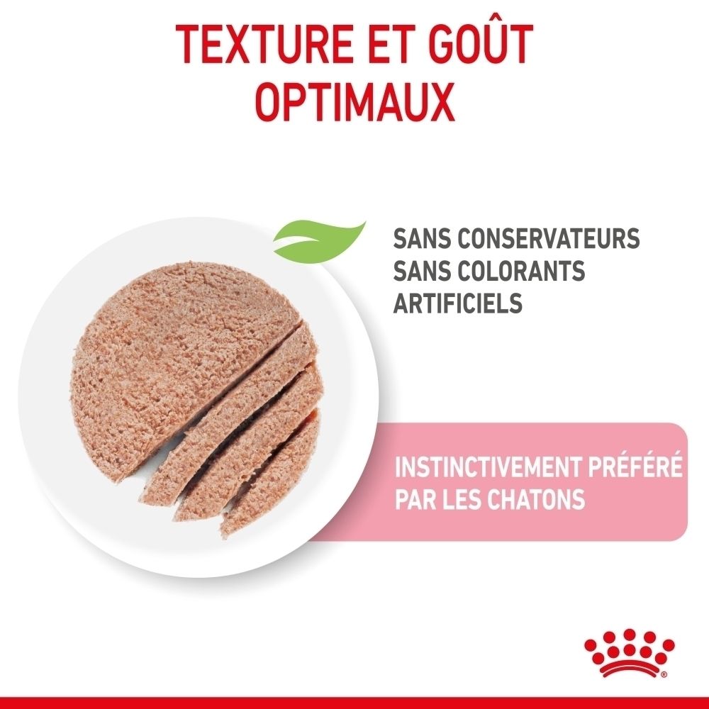 Sachet Royal Canin Kitten Mousse en sauce, 85g. Avec image de chaton et texte.