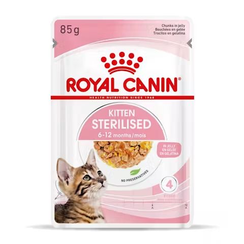 Sachet individuel de nourriture Royal Canin Kitten Sterilised (85g). Avec illustration de chaton et caractéristiques produit.