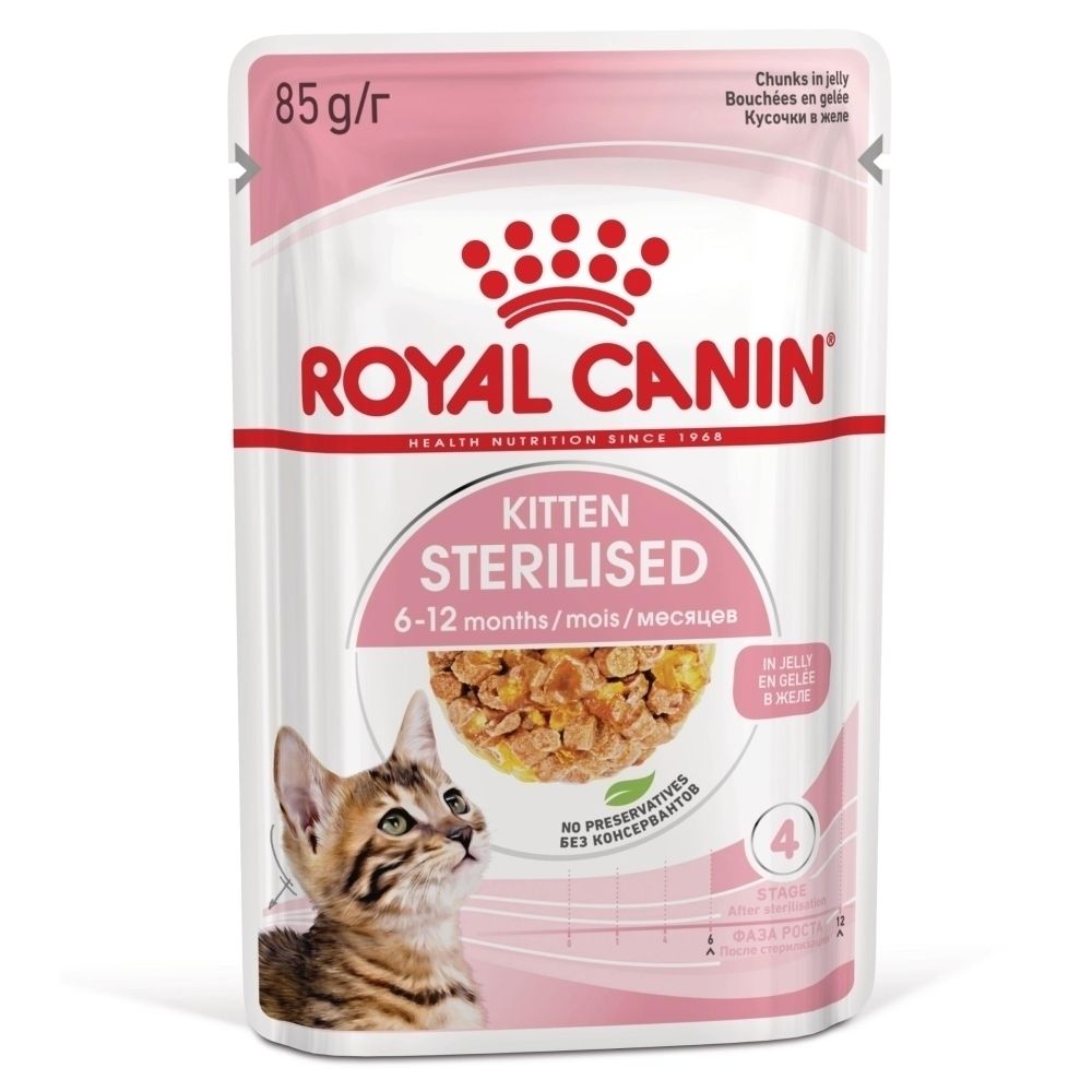 Pochette Royal Canin Kitten Sterilised 85g. Contient des bouchées en gelée pour chatons de 6-12 mois.