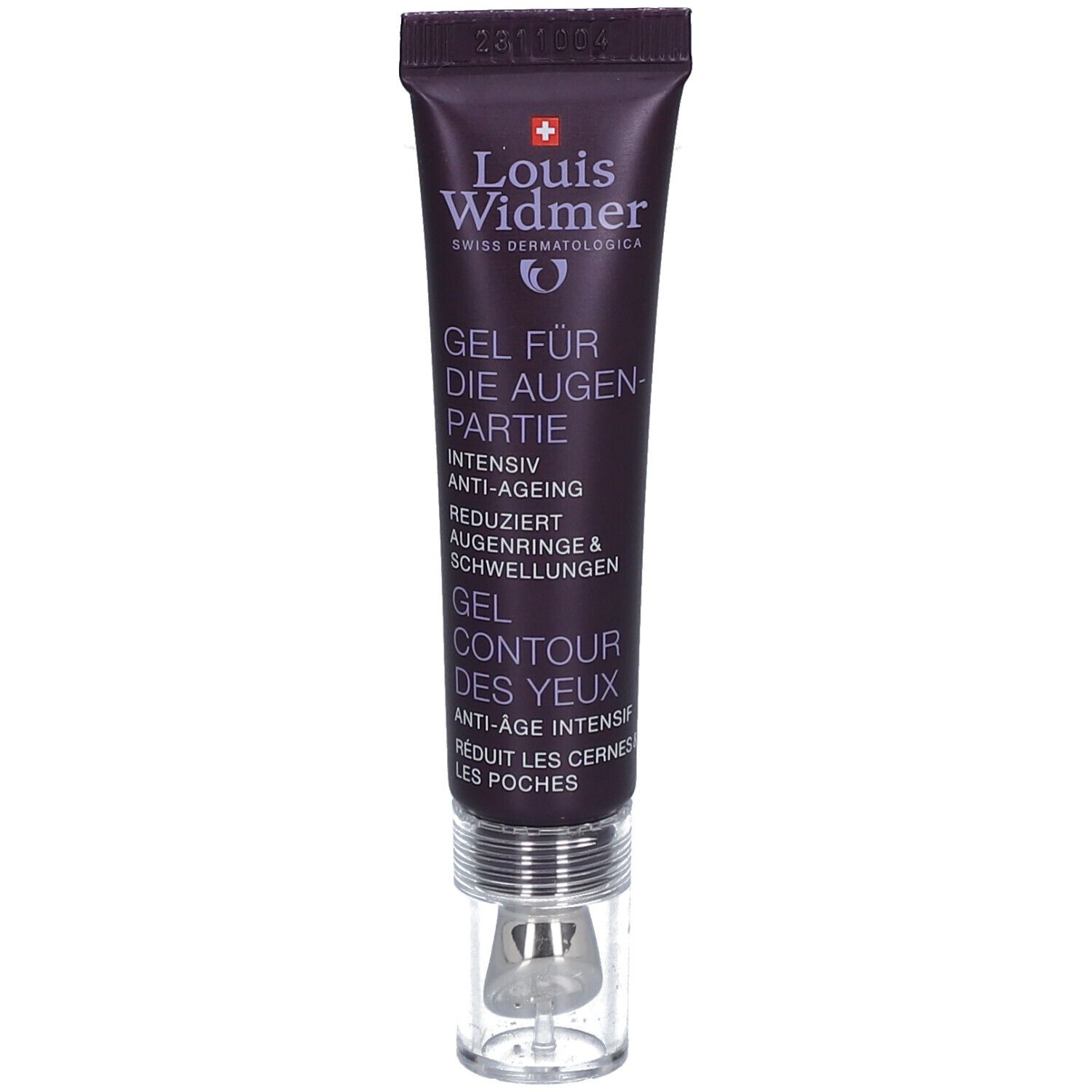 Tube violet foncé avec applicateur argenté. Inscription: Louis Widmer, Gel Contour des Yeux, Anti-Âge. Applicateur rafraîchissant.