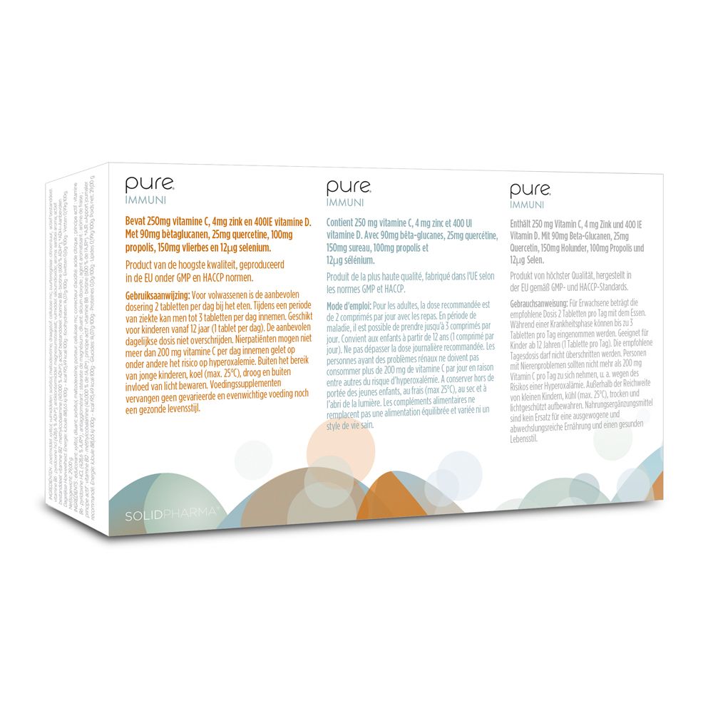 Dos d'une boîte blanche avec informations produit multilingues. Complément alimentaire.