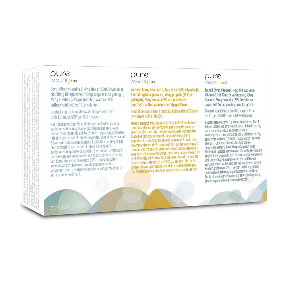 Dos de la boîte avec « pure IMMUNI junior ». Texte multilingue. Cercles colorés.
