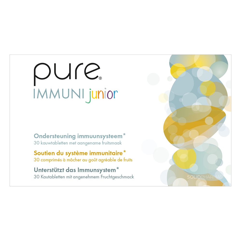 Boîte blanche avec logo « pure IMMUNI junior ». Texte en néerlandais, français et allemand. Cercles colorés.