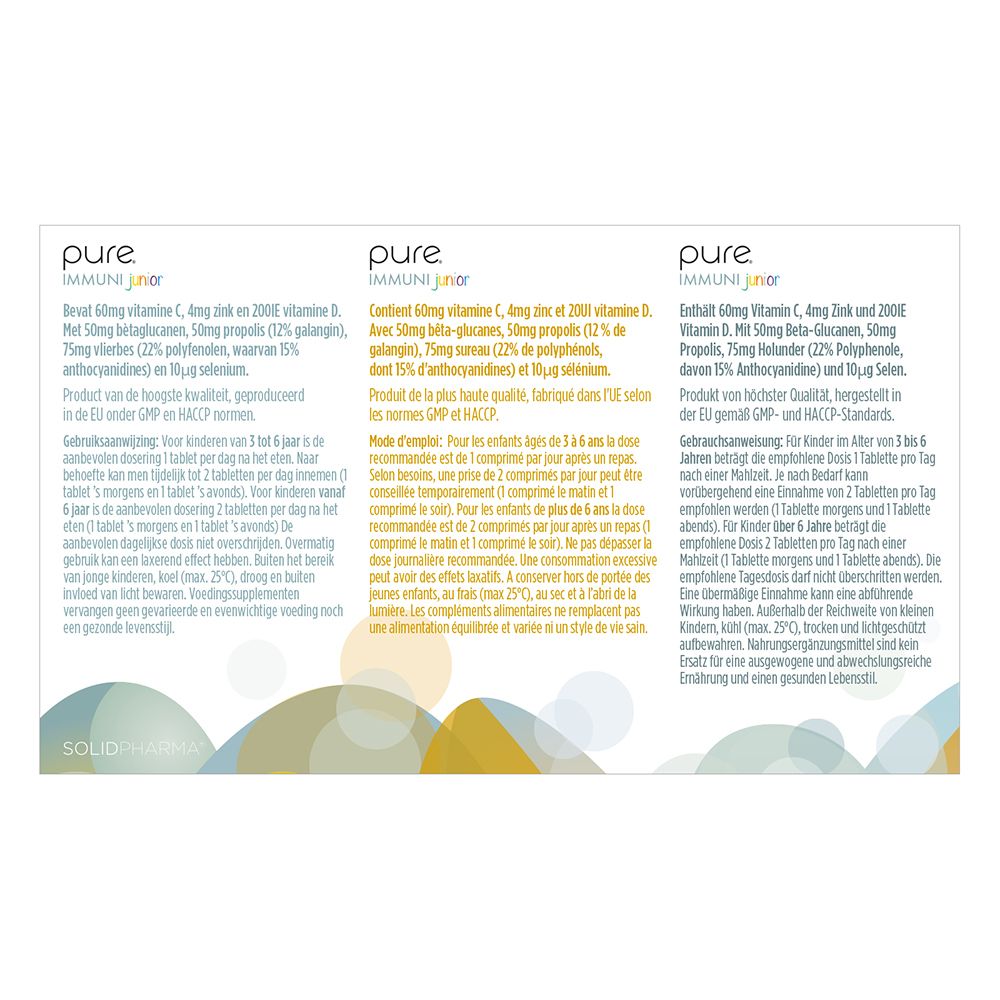Dos de la boîte avec « pure IMMUNI junior ». Texte multilingue. Cercles colorés.