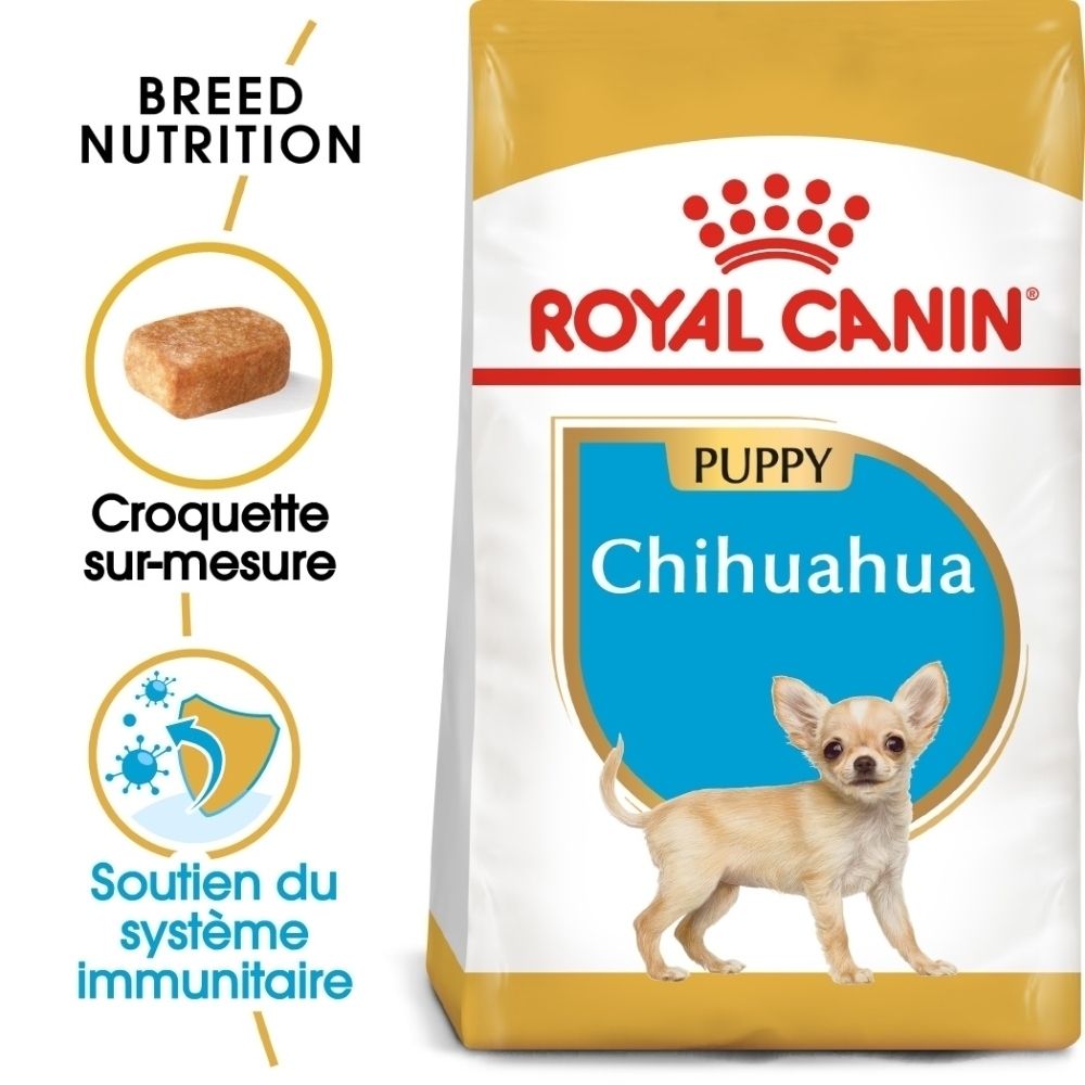 Avant d'un sac de nourriture pour chiot Royal Canin Chihuahua. Montre un chiot Chihuahua et le nom du produit.