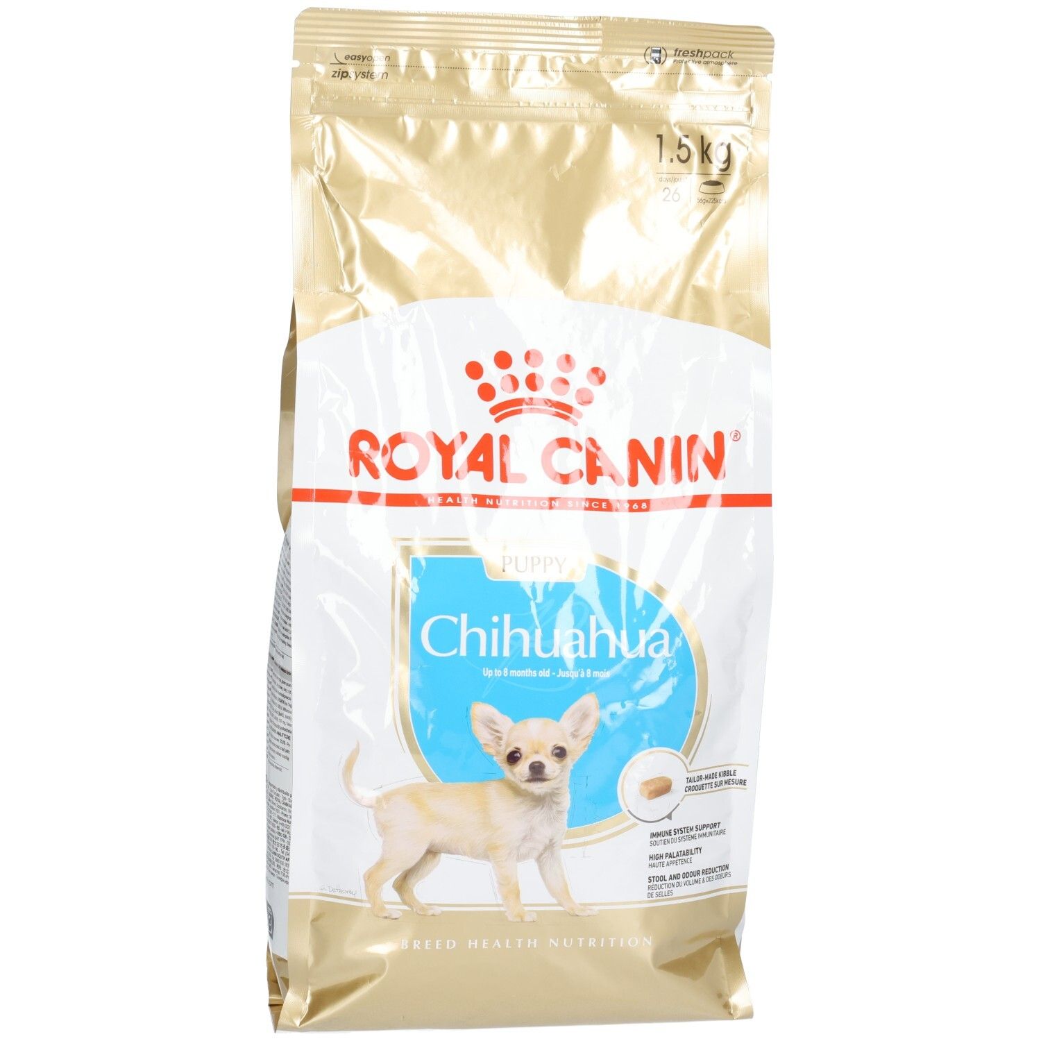 Sac de 1,5 kg de croquettes Royal Canin Chihuahua Puppy avec illustration de chiot Chihuahua.