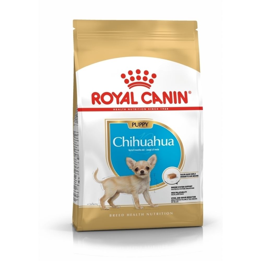 Avant d'un sac de nourriture pour chiot Royal Canin Chihuahua. Montre un chiot Chihuahua et le nom du produit.