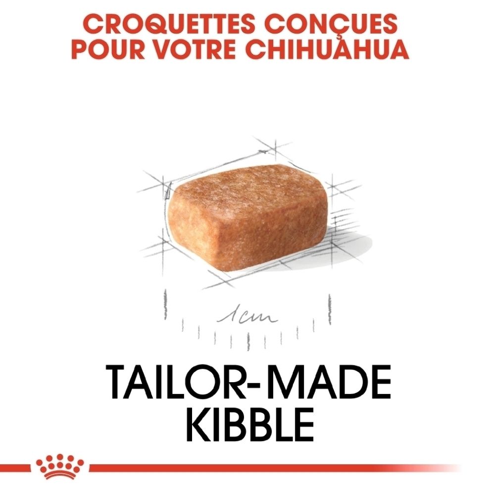 Avant d'un sac de nourriture pour chiot Royal Canin Chihuahua. Montre un chiot Chihuahua et le nom du produit.