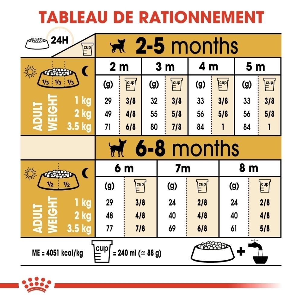 Graphique Royal Canin soulignant les avantages de la nutrition pour chiots Chihuahua : soutien immunitaire, haute appétence, réduction des selles.