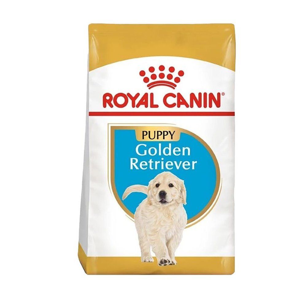 Sac de nourriture Royal Canin Golden Retriever Puppy. Image d'un chiot. Marque et nom du produit visibles.