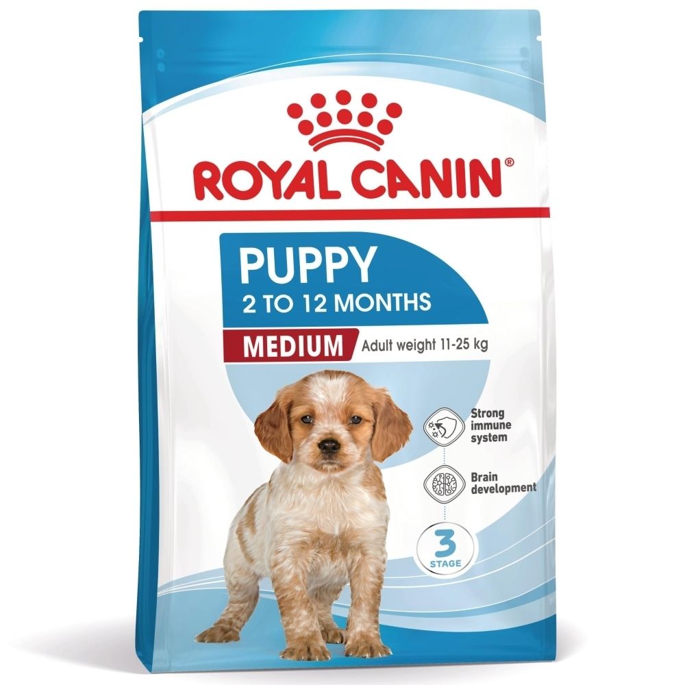 Sac de croquettes Royal Canin Puppy Medium avec image de chiot et informations produit.
