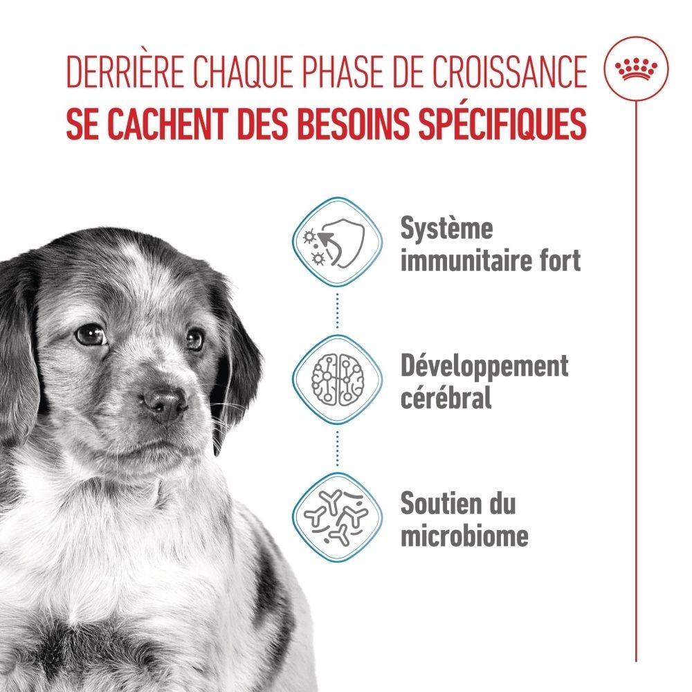 Sac de croquettes Royal Canin Puppy Medium, vue latérale avec informations produit.