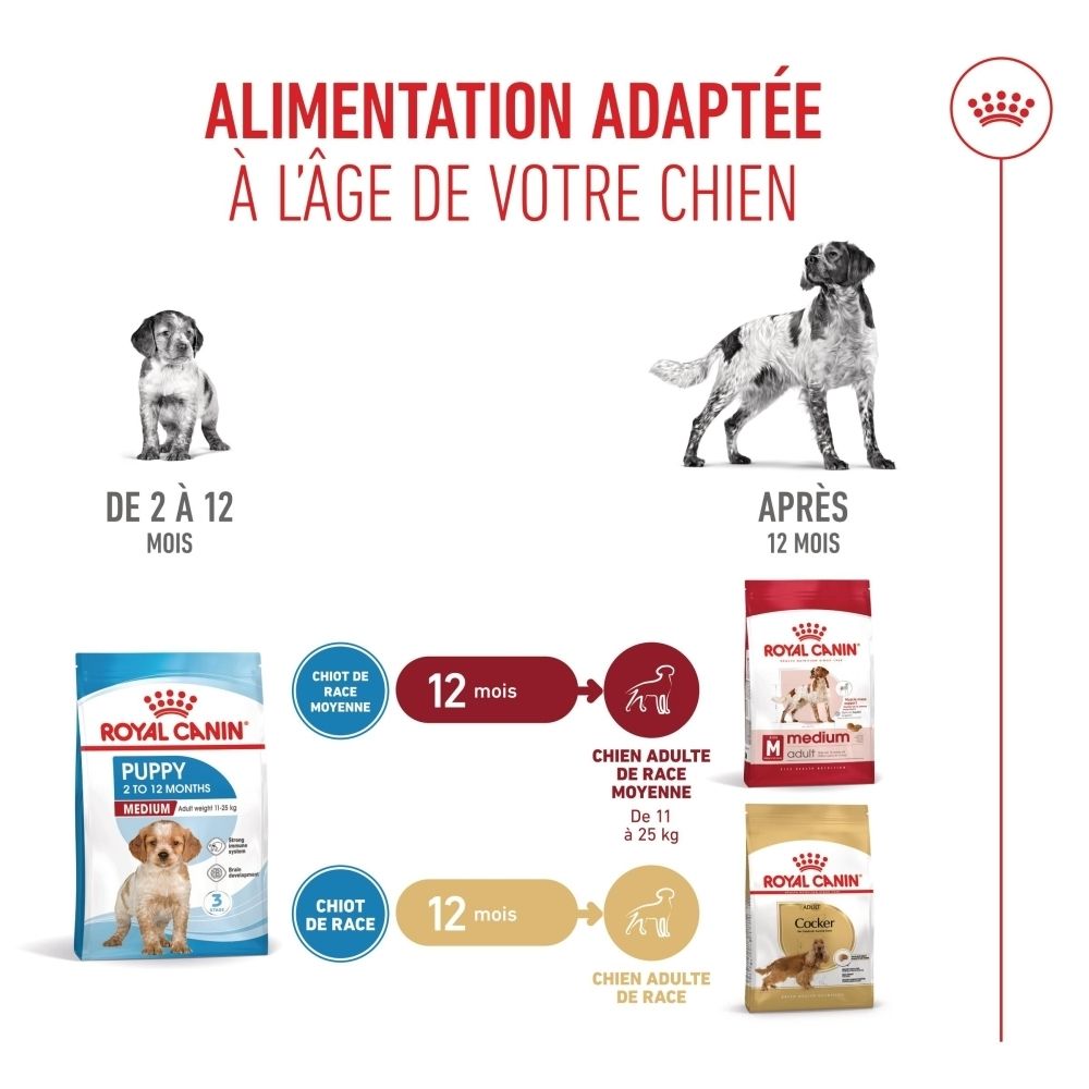 Sac de croquettes Royal Canin Puppy Medium avec image de chiot et informations produit.
