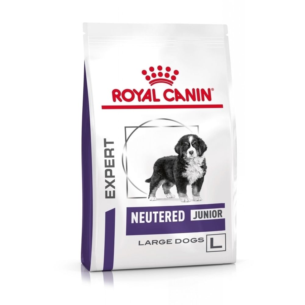 Sac de nourriture Royal Canin Expert Neutered Junior L avec image de chiot.