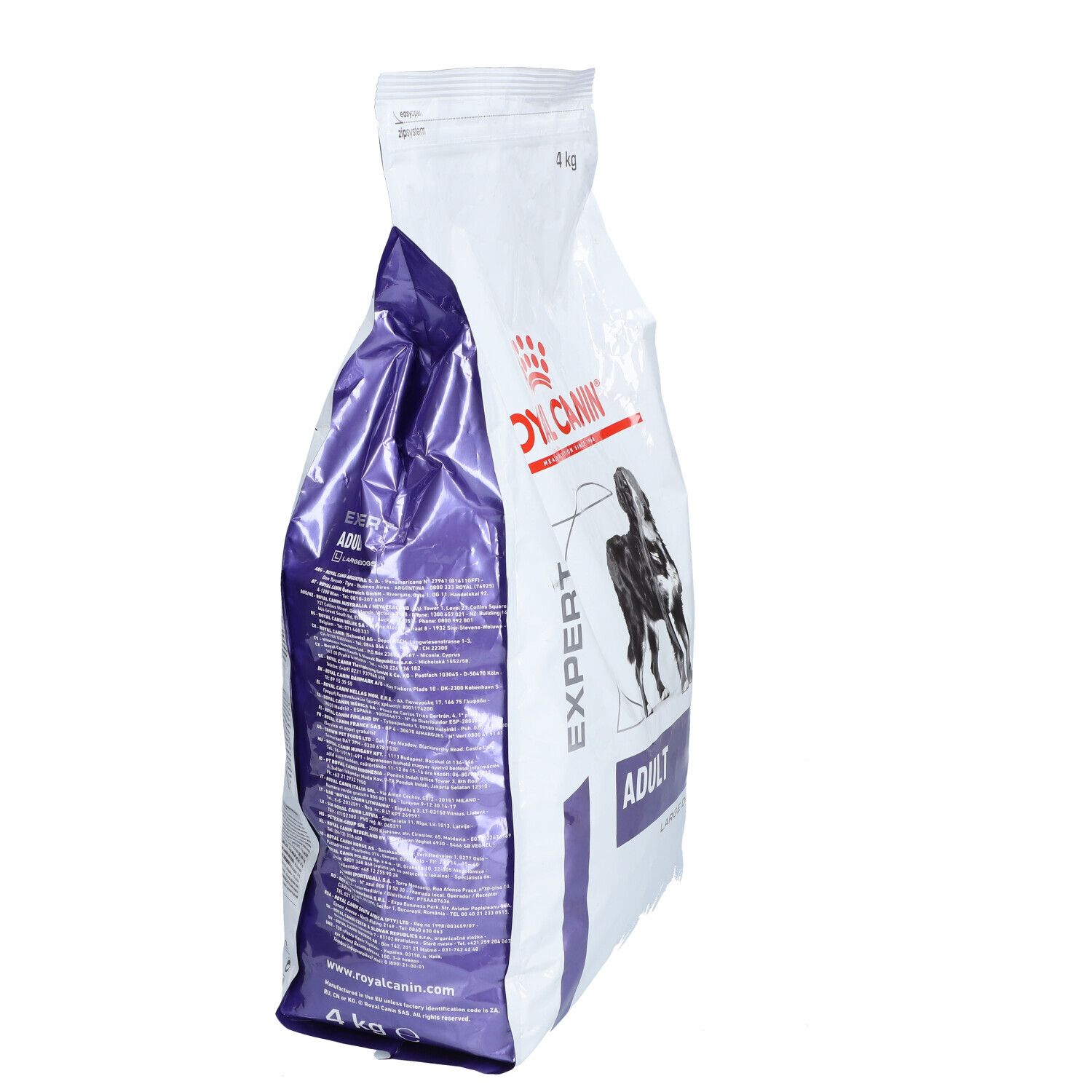 Sac Royal Canin Expert Adult Large Dogs, vue latérale. Logo, texte, chien. 4 kg.