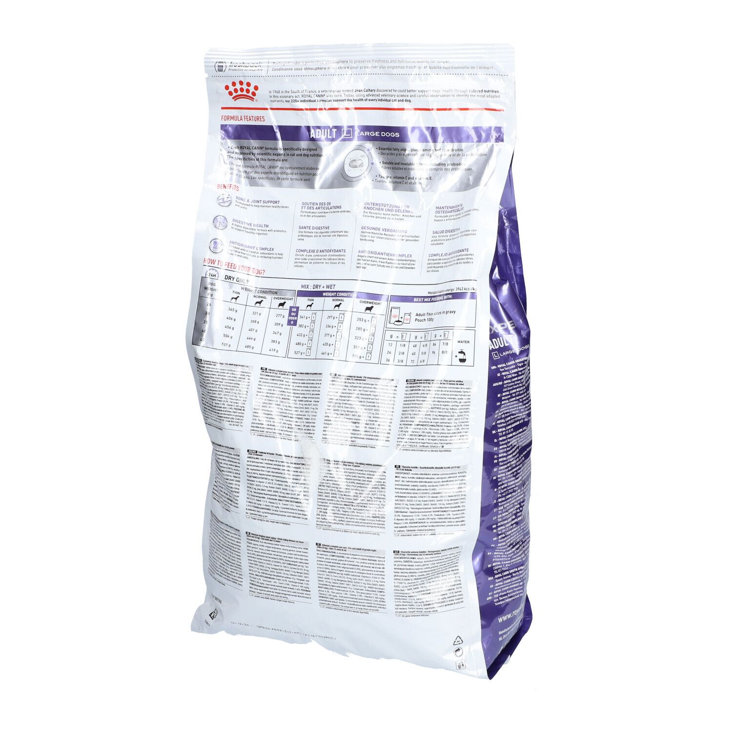 Dos du sac Royal Canin Expert Adult Large Dogs. Texte, tableaux, logo.