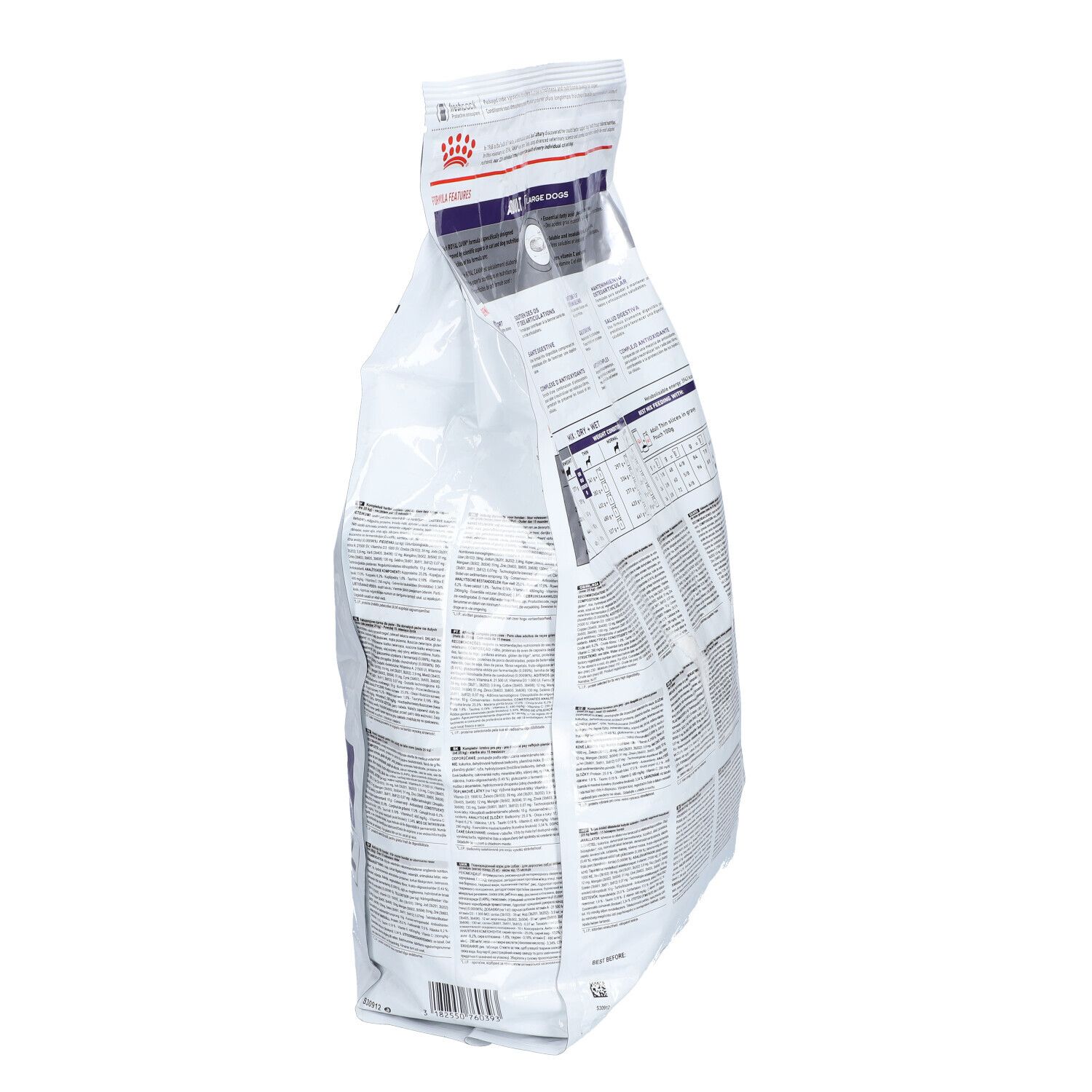 Sac Royal Canin Expert Adult Large Dogs, vue latérale. Texte, tableaux.