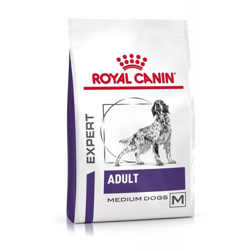 Sac de croquettes ROYAL CANIN® Medium Dog Adult avec image de chien et taille M.