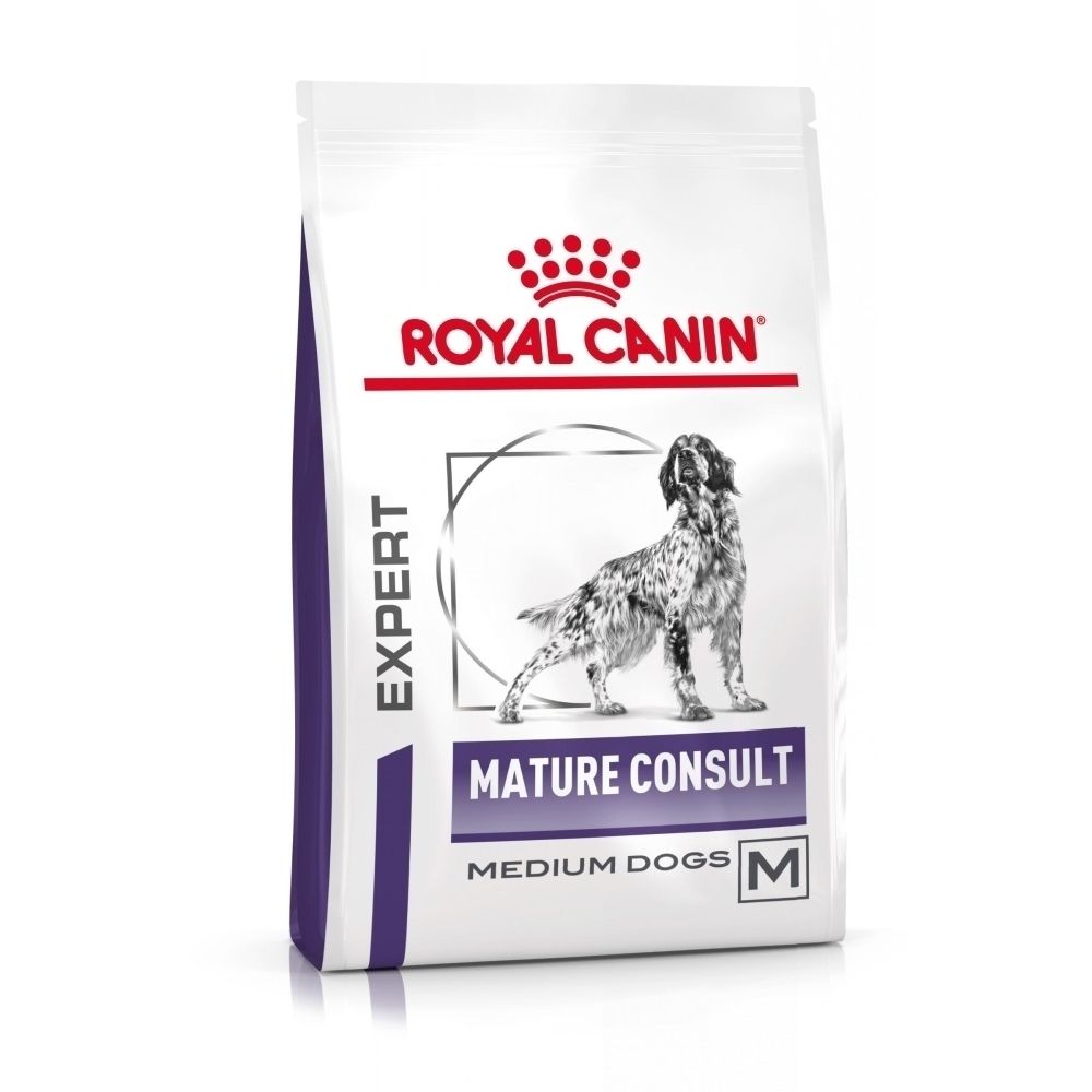 Avant du sac Royal Canin VET-D Mature Consult Medium Dog avec image de chien.