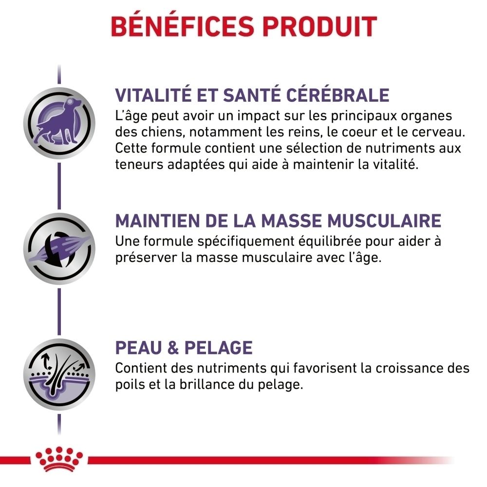 Royal Canin VET-D Mature Consult Medium Dog : Bénéfices produit pour la vitalité, le cerveau, la masse musculaire et le pelage.