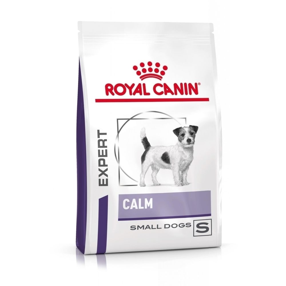 Avant d'un sac de 4 kg Royal Canin Calm Small Dogs, avec image de chien et taille S.